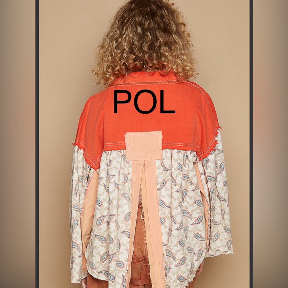 95. NWT POL Red-Orange and Cream Patchwork Jacket w/Open Back+Mixed Media - Picture 6 of 7